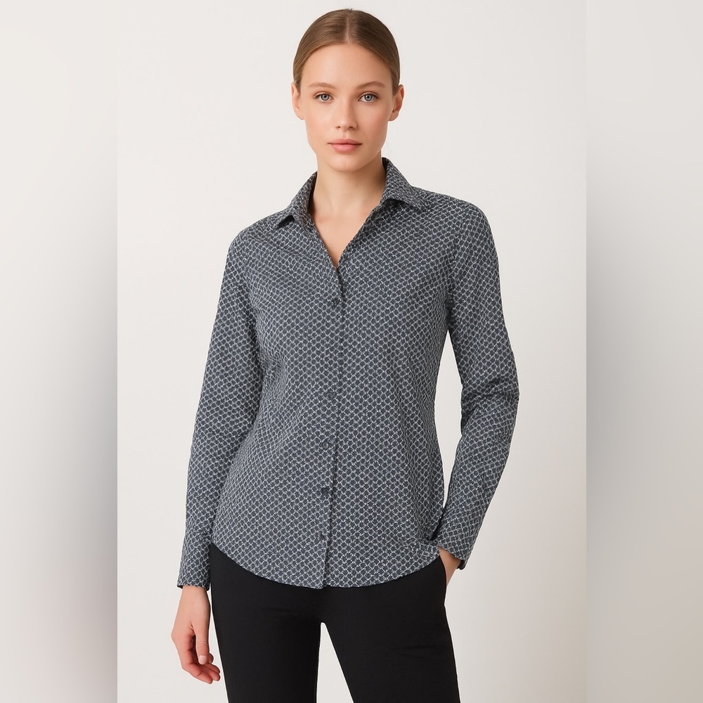 Lands' End Women's No Iron Supima Button Down Shirt - Navy and White